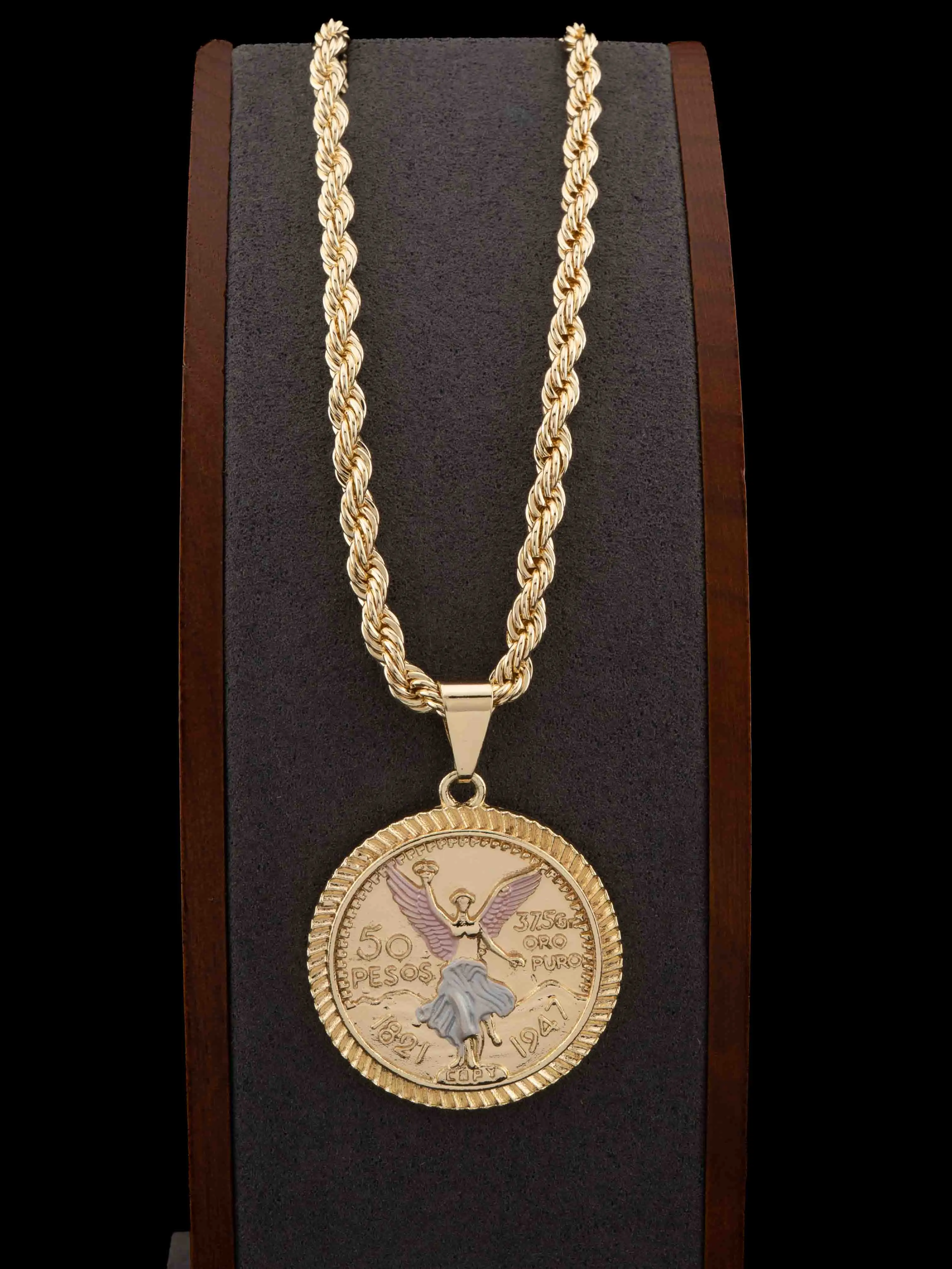 Tri-Color Gold-Plated Pendant Necklace, Vintage Centenary 50 Pesos Coin Style with 18/24-Inch Chain, Chic Gorgeous Gold Aesthetic Jewelry, Chic Gorgeous Jewelry, Chain & Link, Classic, Unisex