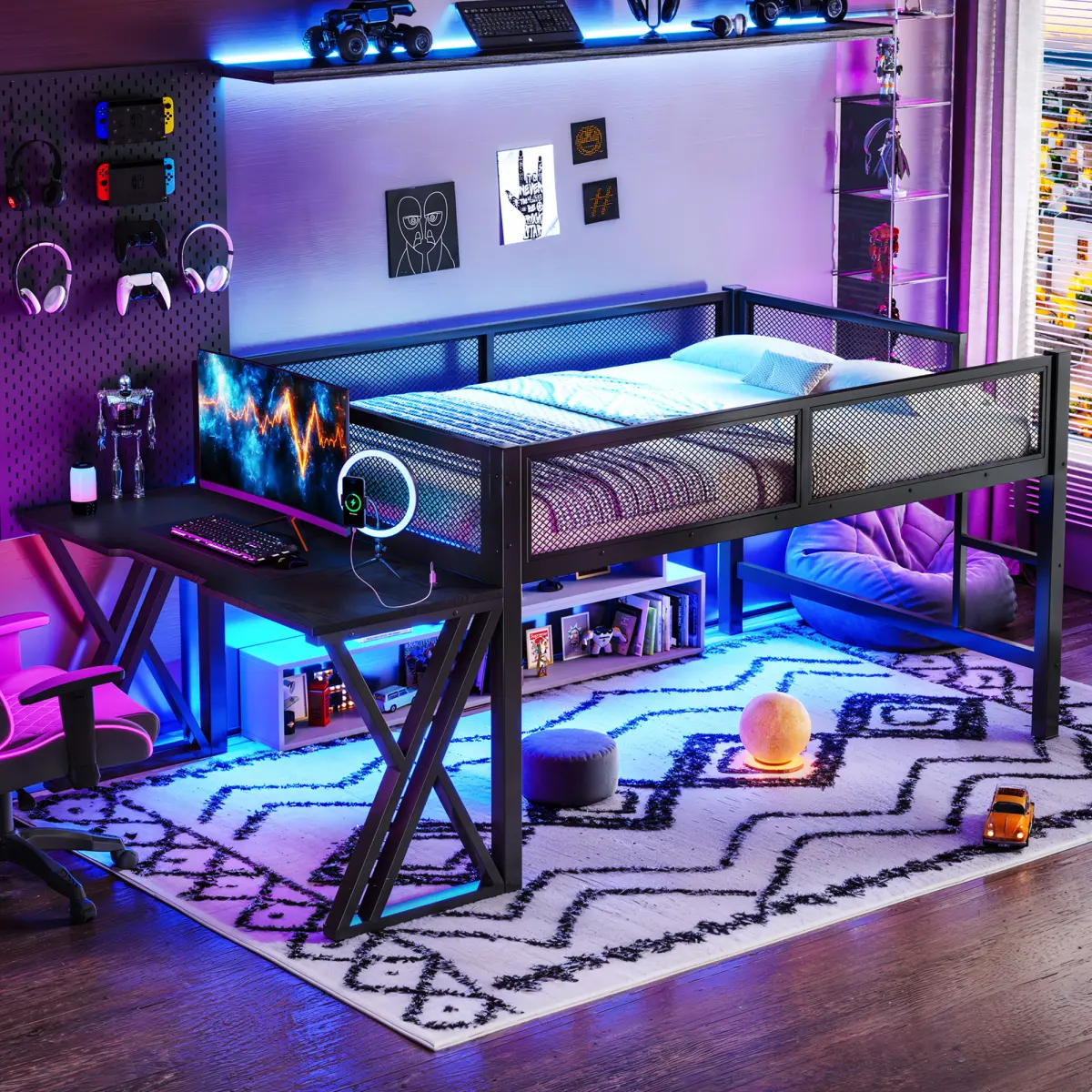 Industrial Black Metal Full Size Gaming Loft Bed - X-Shaped Leg Desk, LED Lights, USB Ports, Staircase, Mesh Guardrail, 350lbs Capacity, Space-Saving Elevated Bed for Dorms, Bedrooms, Assembly Required