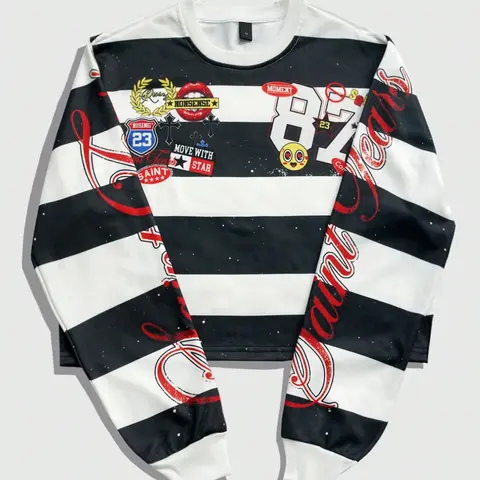 Unisex Eye Print Long Sleeve Sweatshirt, Black and White Striped Lightweight Crew Neck Top for Spring & Fall, Loose Fit Vintage Streetwear, Casual Print Clothes