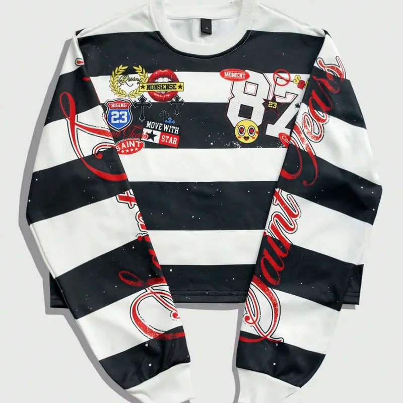 Unisex Eye Print Long Sleeve Sweatshirt, Black and White Striped Lightweight Crew Neck Top for Spring & Fall, Loose Fit Vintage Streetwear, Casual Print Clothes