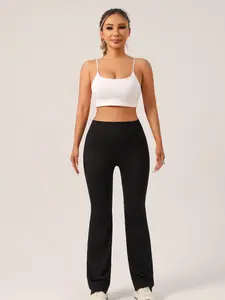 Vertical Stripe Ribbed Yoga Pants, High-Waisted Slimming Butt-Lifting Flare Leggings, Stretchy Sporty Casual Workout Trousers