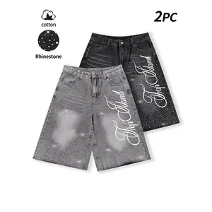 Streetwear Grey Embroidered Jeans: vintage-style, distressed, diamond-studded, embroidered casual jeans two-piece set, including cropped jeans, letter-embroidered casual jeans, American street style, fashionable daily wear denim Embroidery