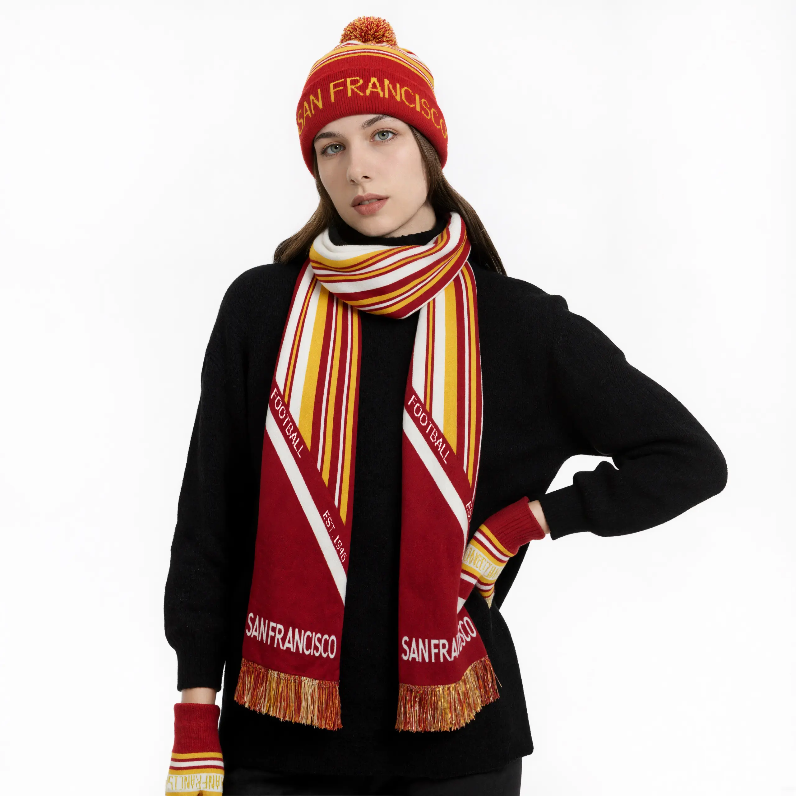Unisex San Francisco 3-Piece Jacquard Ribbed Knit Beanie-Scarf & Gloves Set, Warm Winter Sports Fashion Accessory for Adults, Football Fan Essential