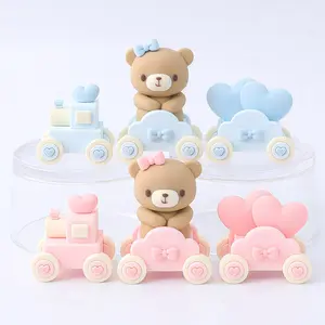3/6pcs-Cute bear train cake topper decoration, baby shower cake decoration, soft rubber doll decoration, teddy bear birthday cake decoration, baby shower decoration, gender reveal party, Set, Cake Decorating Supplies, Ornaments