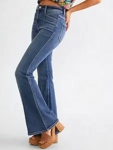 Women's Casual Risen High-Rise Dark-Wash Flare Jeans