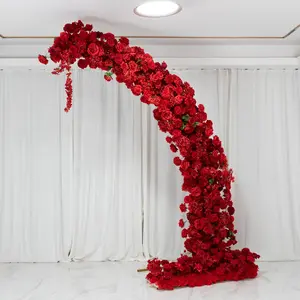 Artificial Silk Floral Backdrop for 8ft Half Crescent Wedding Arch – Foam-Backed Flower Arch in Red Mix with Roses, Hydrangeas & Chrysanthemums