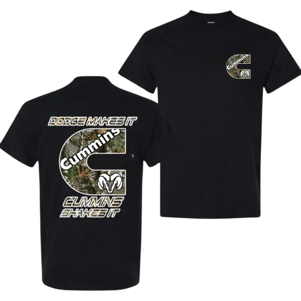 Cummins Camo Logo T-Shirt – Dodge Makes It, Cummins Shakes It Funny Diesel Power Graphic Tee, Classic 2-Sided Big C Design for RAM Truck Fans & Pickup Enthusiasts