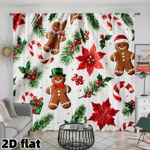 2D Flat 2Pcs Christmas Gingerbread Man Curtains, Poinsettia Holly Berry Print, Semi Sheer White Background, Rod Pocket Design, Holiday Theme Window Treatment for Living Room Bedroom Kitchen Party Home Decor, Home Decoration Curtain, Privacy Protection