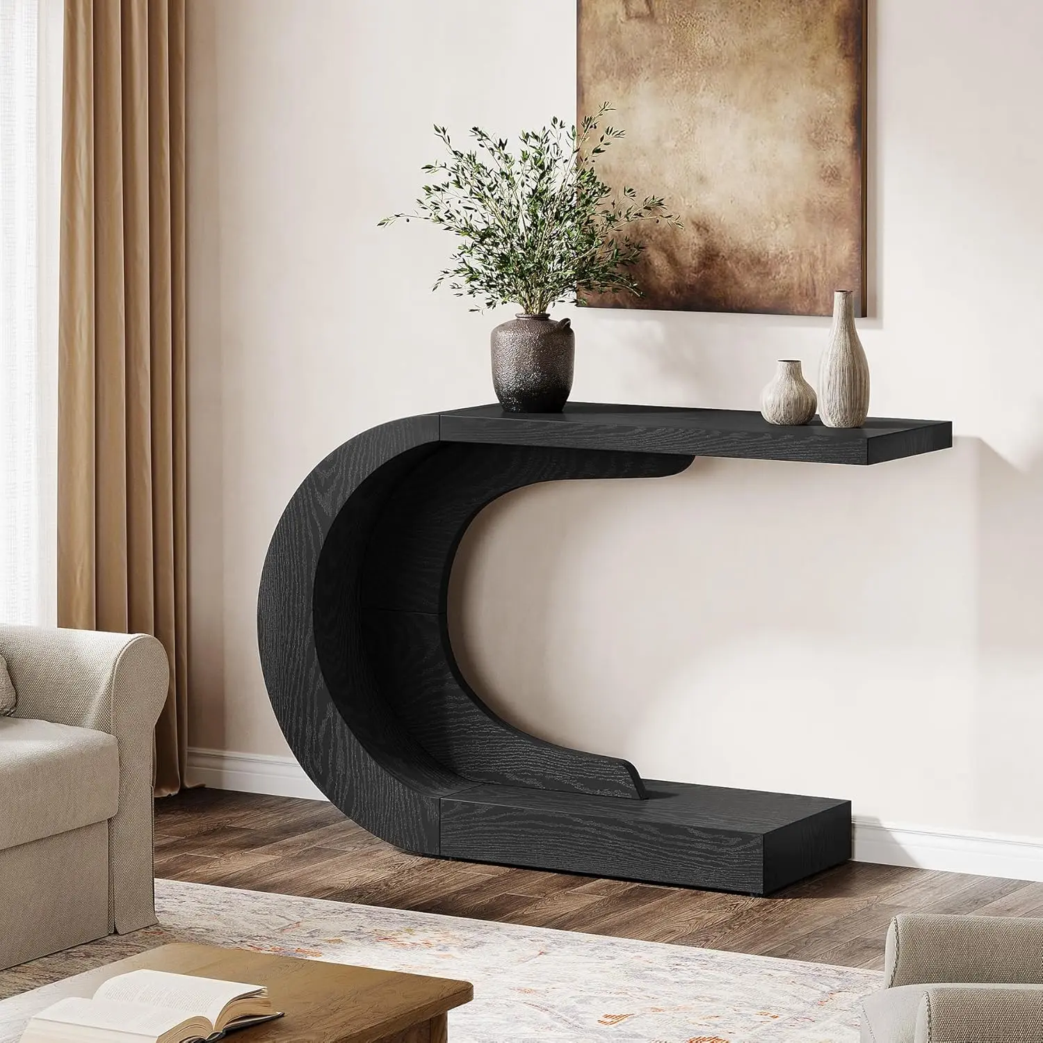 LITTLE TREE 43.3" Mid-Century Modern Console Table for Entryway, Wood C-Shaped Hallway Entry Accent Table for Living Room, Entrance, Foyer, Easy Assembly