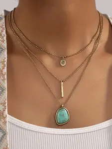 Boho Style Turquoise Texture Geometric Design Pendant Necklace, Zinc Alloy Material, Fashion Jewelry for Party, Trendy Triple-Layer Jewelry for Birthday Gift
