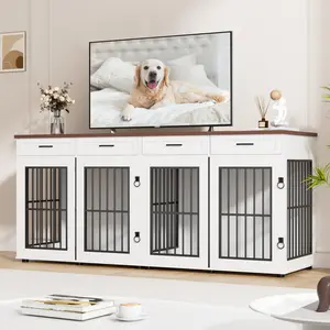 VOWNER 86.7" Double Dog Crates Furniture, Large Farmhouse Dog Kennel with 4 Drawers as TV Stand, Heavy Duty Dog Cage for 2 Large Dogs, Wooden Pet House with Removable Room Divider and 2 Lockable Doors