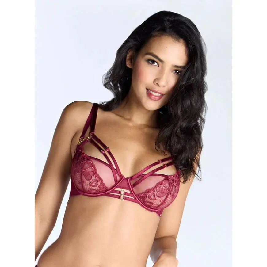 Lucia sheer embroidered balconette bra - Wine