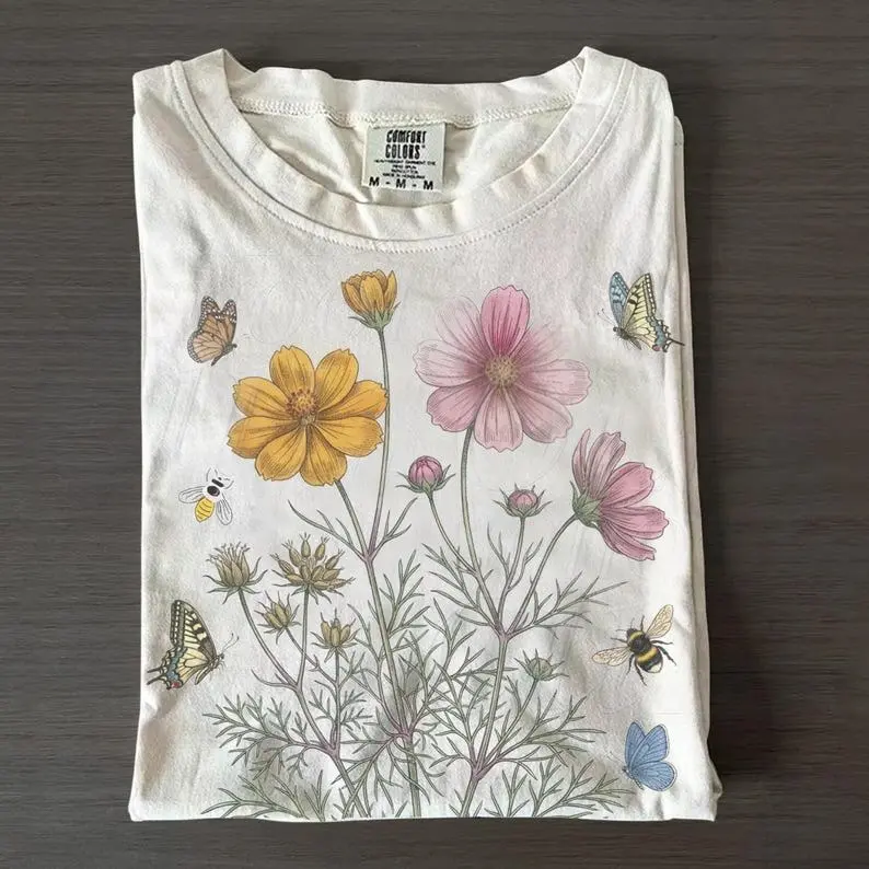 Comfort Colors Vintage Wildflower Butterfly 90s Graphic Tshirt, Retro Flower Bee Unisex T-Shirt