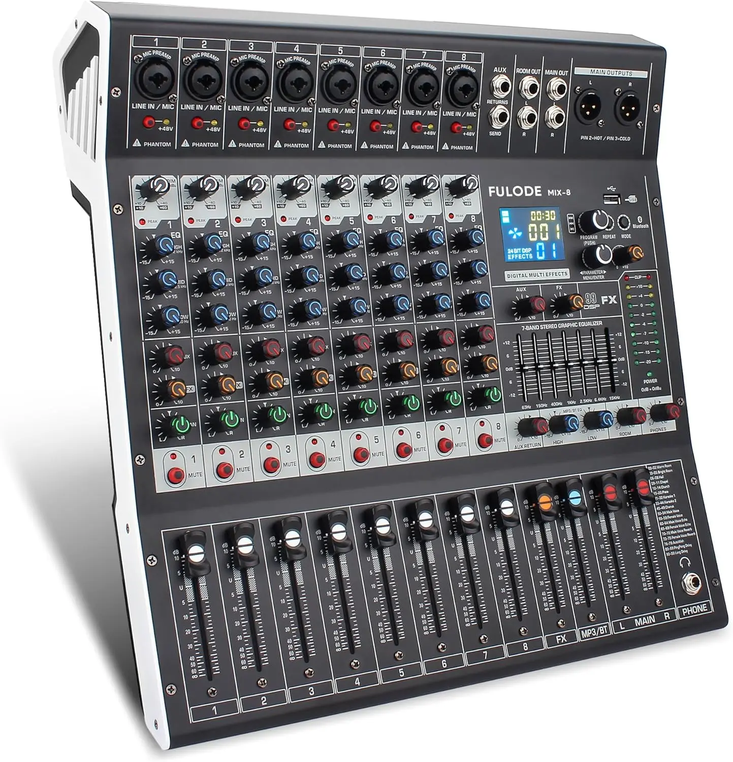 8-Channel Professional Pre-Built Amplifier Enclosure Mixer - Mini Wireless Audio Console, 99 Bit DSP Processor, 99dseffects, USB-A, MP3 Compatibility, XLR Mic Jack, 48V Phantom Power, RCA I/O, Headphone Support, Mobile/PC Plug-In, DJ Use, Parties Bluetoot