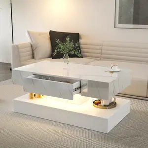 High Gloss Modern Coffee Table with LED Lights, 39.37 IN Rectangle Coffee Table with Storage Drawers, Center Table for Living Room,Living Room Tables,Large Living Room Furniture,LED Lights Lounge