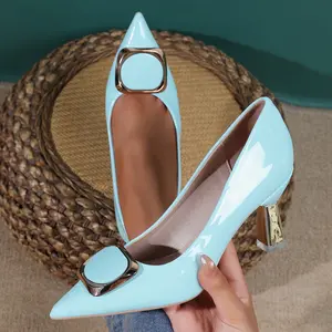 Women's Pointed Chunky Heels Comfortable Closed Toe Dress Shoes Wedding Party Casual Ankle Strap Pumps Stylish Elegant Blue Heeled Footwear Fashion Classy