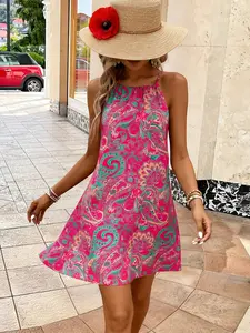 Women's Fashion Chic Summer Vacation Dress, Rose Paisley Print Sleeveless Knee Length, Casual Elegant Beachwear for Dating