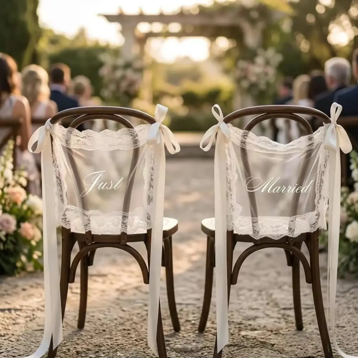 Just Married Lace Chair Sashes, Set of 2 Romantic Fabric Wedding Chair Decorations with Ribbon, Bride and Groom Chair Back Banners for Wedding Ceremony, Reception Sweetheart Table & Bridal Shower
