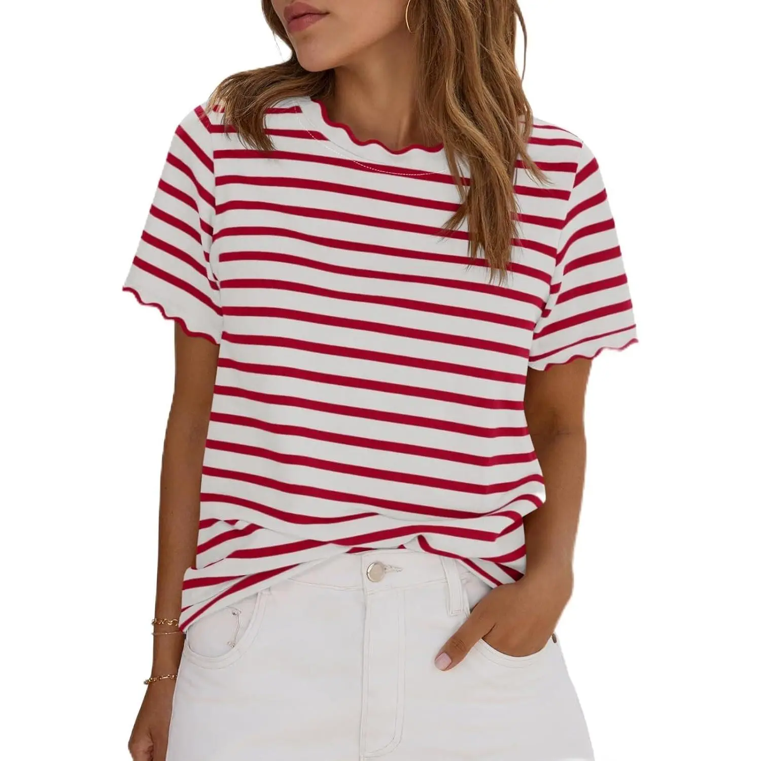 Women's Short-Sleeve Striped Round Neck Colorblock Scalloped Loose-Fit Casual Tee - Summer Women's Clothes Top T-Shirt
