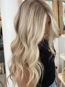 Highlighted Ash-Gold Lace Front Wig, Long Waves with Brown-Gold Ombre, 13x4 Women's Synthetic Lace Front Wig, Lace Frontal Wig, Glueless Frontal Wig, 28 inches, No Glue Wig