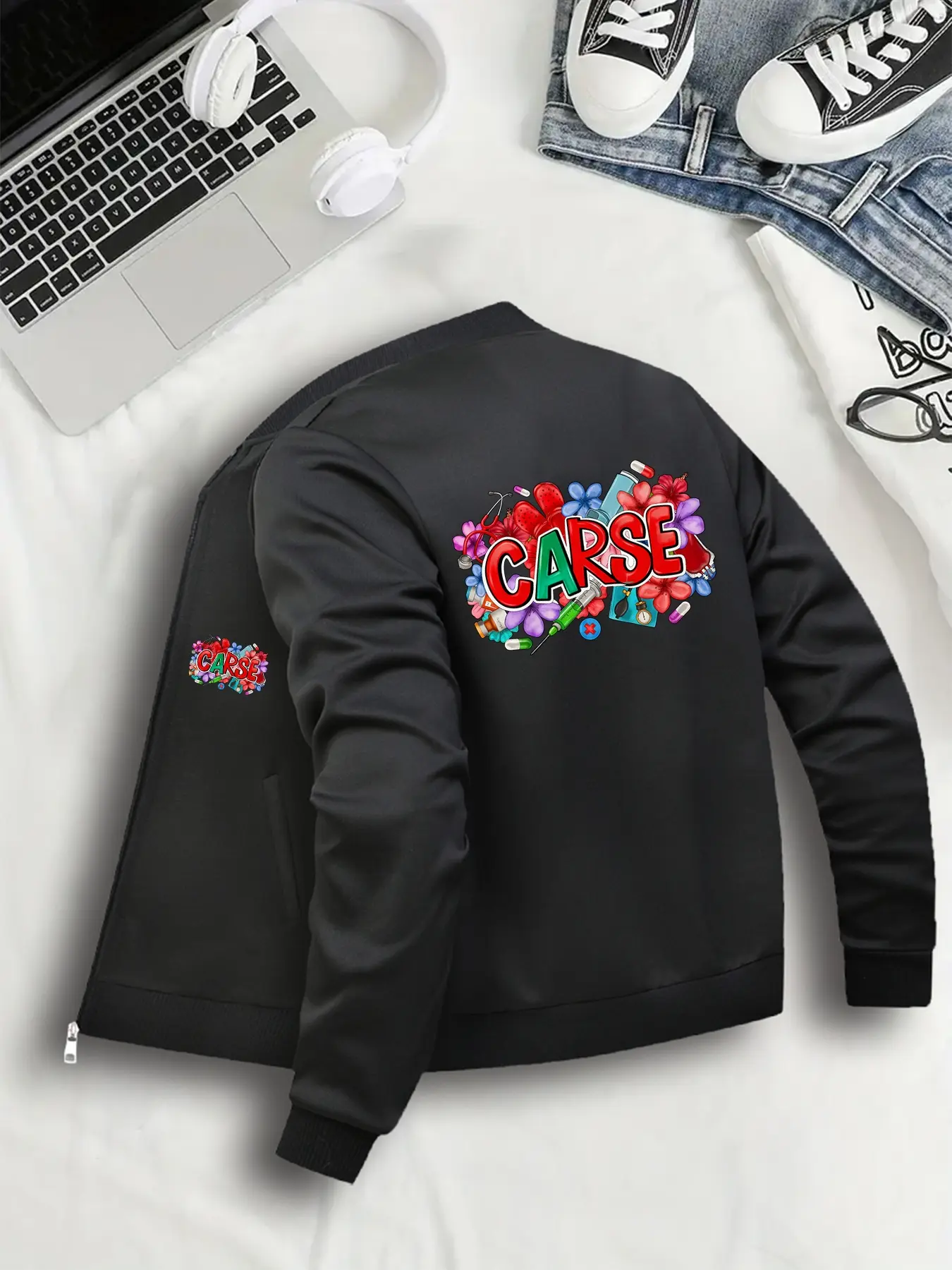 Women's Casual Zipper Bomber Jacket, Halloween Graphic Print, Lightweight Fitted Design, All Seasons Wear, Sizes S-Xxl