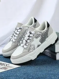 Men's Fashionable Colorblock Star Decor Lace Up Low Top Sneakers, Casual Comfortable Breathable Skate Shoes, Male All-match Round Toe Shoes for Daily Wear