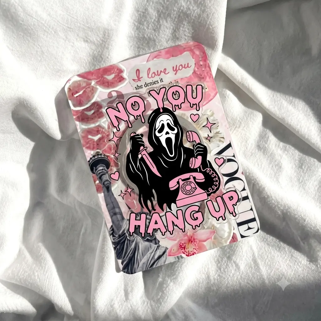 Retro Pink No You Hang Up Phone Grip - Funny Ghost Slasher Phone Stand - Cute Coquette Telephone Phone Holder - Aesthetic Pastel Goth Accessory - Spooky Valentine Gift