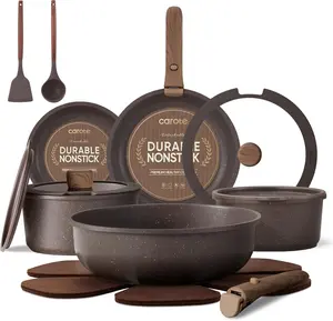 17PCS Pots and Pans Set Non Stick with Detachable Handle, Nonstick Cookware Sets, Cooking Kitchen Set, Oven/Dishwasher Safe, Induction Cookware, Brown, RV Kitchen Pot and Pan Glass