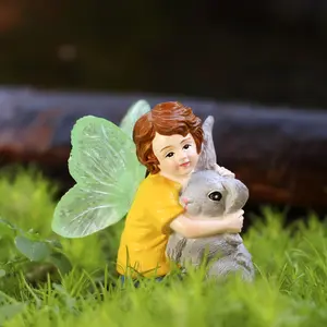 Boy Holding Rabbit Statue, Fluorescent Wings Fairy Garden Ornament, Fun Resin Craftsmanship, Home Gift Idea, Decorative Figurine