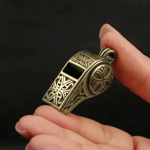 1pc Handmade Brass Whistle Keychain, Vintage Engraved Survival Whistle Pendant for Outdoor Use