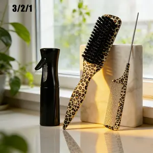 This leopard print hairbrush set is unisex and includes a detangling brush, a pointed sectioning brush, and a spray bottle. It's suitable for creating sleek hairstyles, tidying up stray hairs, correcting hairlines, tying ponytails, updos, sectioning, brai