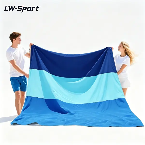 Oversized 3 Tone Stripe Beach Blanket, Sand Free Quick Dry Waterproof Foldable Large Beach Mat, Lightweight Portable Durable Outdoor Blanket for Beach Vacation Picnic Camping Music Festival Travel