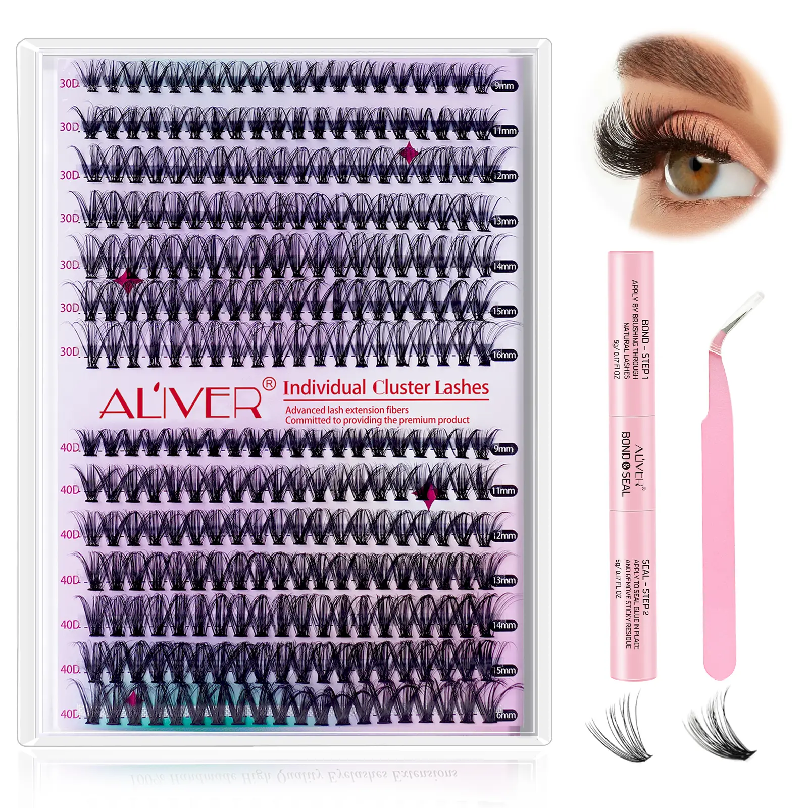 ALIVER DIY Eyelashes Extensions Kit, 280 D3040 Fluffy Individual Lashes for a Natural Look, Cosmetic Set with Waterproof Adhesive & Tweezer, False Lash