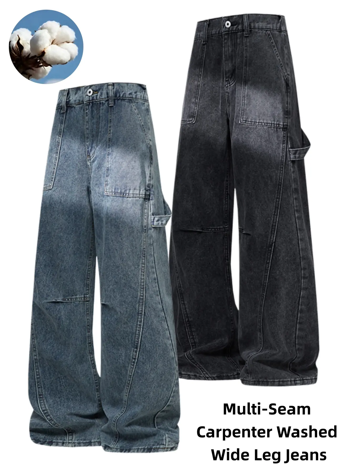 Men's Multi-Seam Carpenter Washed Wide Leg Jeans, Vintage Gradient Faded Panel Baggy Denim Pants, Multi Seam Workwear Streetwear Trousers, Elastic Back Waist Oversized Casual Denim Bottoms For Skater Hip Hop Urban Trendy Outfits