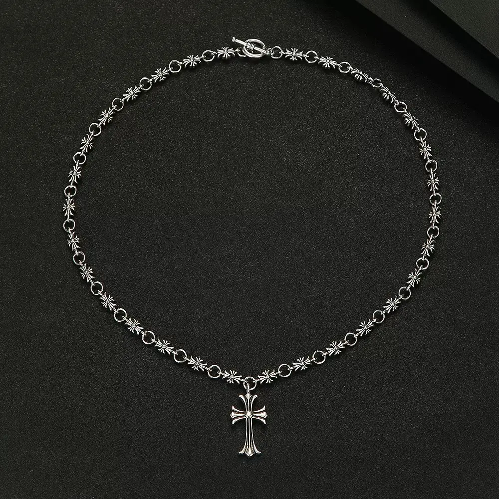 Vintage Silver Cross Pendant Necklace for Men Women, Gothic Flower Chain Choker Necklace, Punk Y2K Jewelry