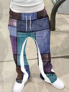 Vintage feeling of making old denim patches, Y2K retro color block splicing casual pants, men's high street retro printed flared pants, Fitted, all season styles, workwear casual fashion trend, light industrial clothing style