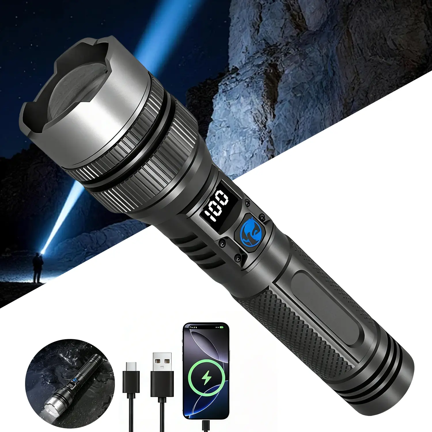 2-in-1 High-Power Flashlight (Power Bank), Digital Battery Level Display, Rechargeable, Zoomable, 4x Zoom, Waterproof, Adjustable Brightness Flashlight for Outdoor Use, Emergencies, and Camping—tiktokshopsummersale