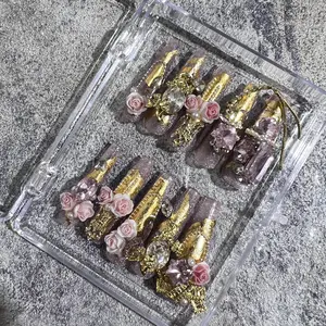 Valentine's Day Pink Girls Flower Golden Charm Luxury Press On Nail