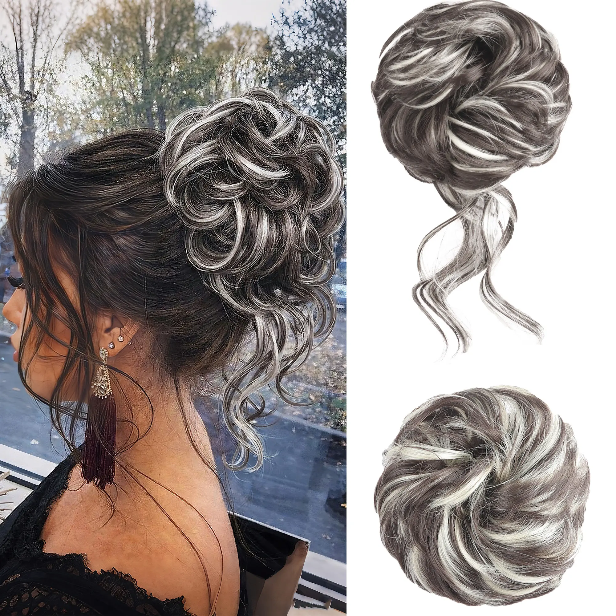 Women's 2PCS Synthetic Hair Hairpieces - Curled Hair Extensions in Scrunchie Form for Fast Bun Styling, Lightweight Chic Updo Chignon for Casual Ponytail Hairstyles