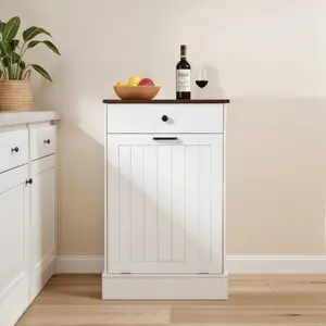 Tilt Out Trash Can Cabinet, Hidden Wooden Trash Can Cabinet with Drawer, Free Standing Garbage Cabinet for Kitchen, 10 Gallon Farmhouse Laundry Hamper Cabinet for Kitchen, Living Room (White)