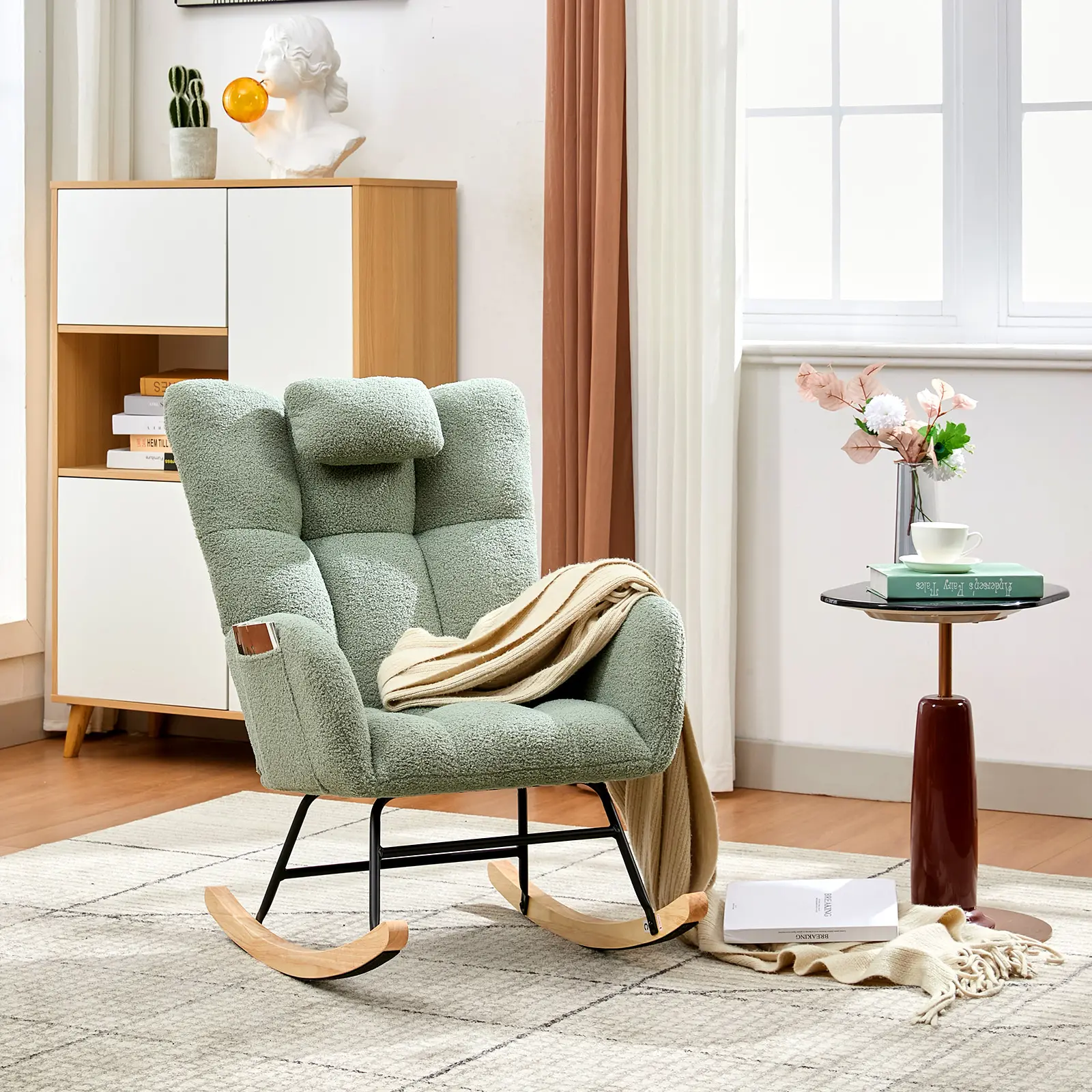 Rocking Chair, Teddy Upholstered Glider Rocker, Nursery Glider Rocker with Wood Legs & Side Pockets