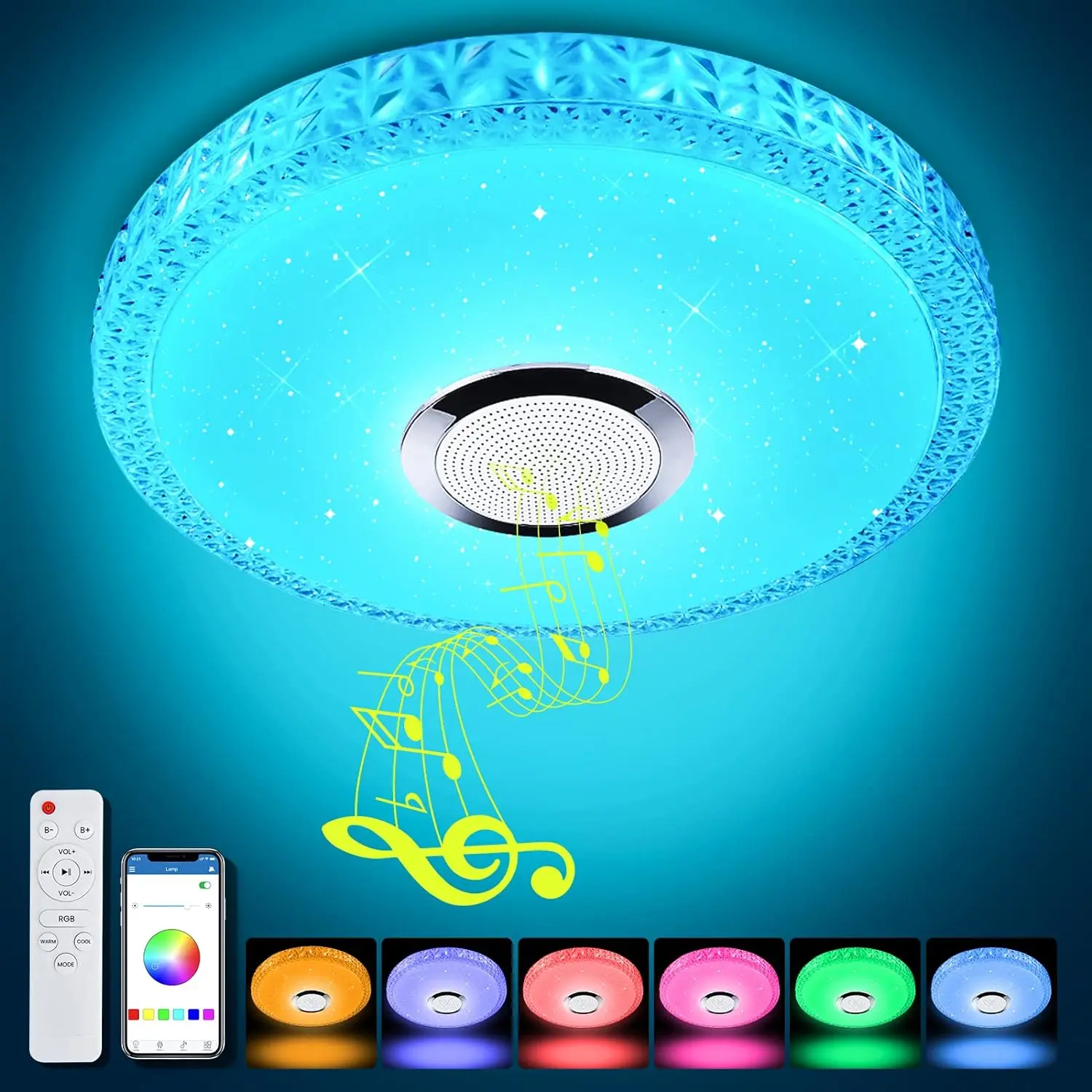 Smart RGB LED Ceiling Light with Artistic & Automated Features, Ceiling Mount, 3000K-6500K Adjustable Color Temp, LED Chips, App Control, Embedded Atmosphere Light, Indoor Use for Bedroom, Living Room, Party Scenes