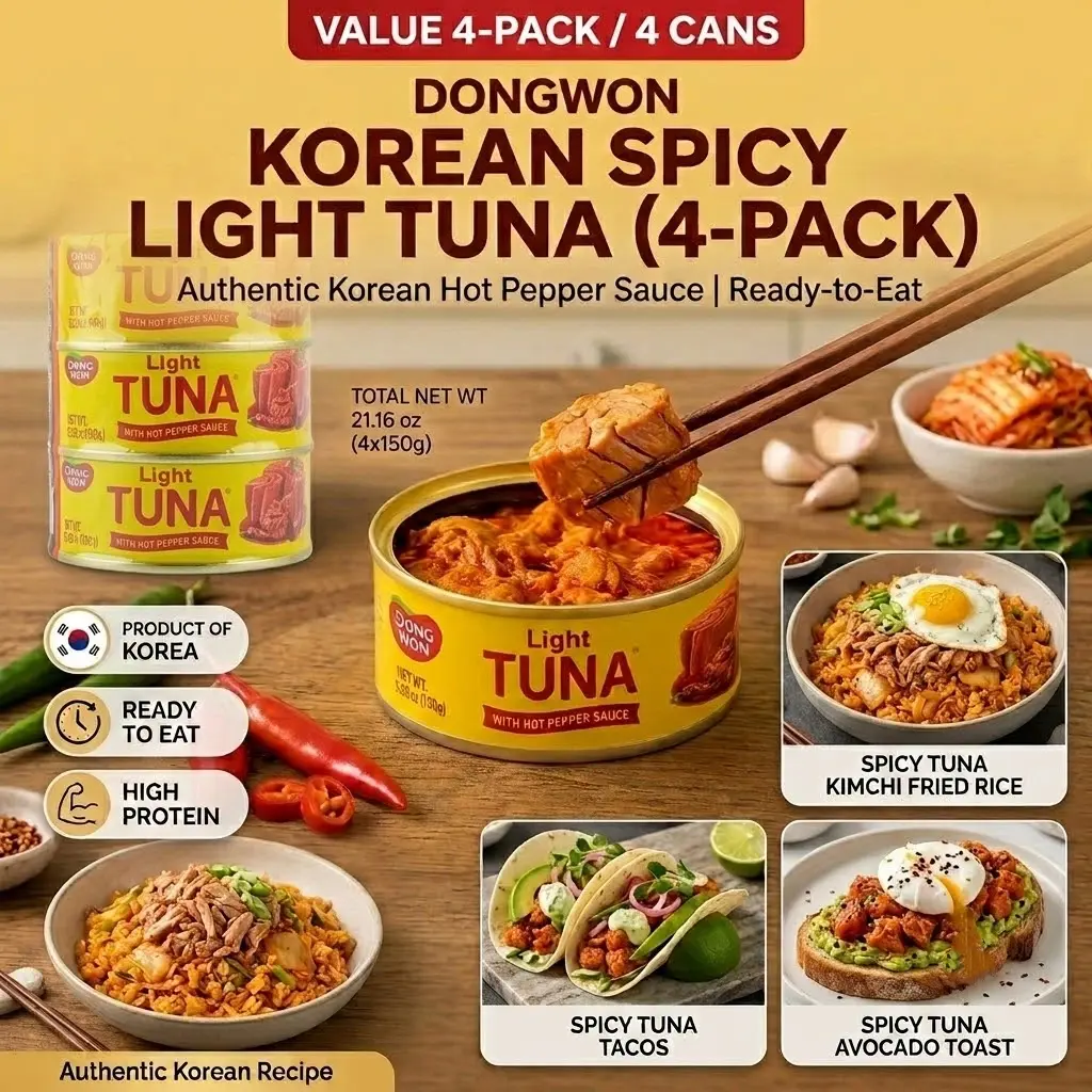 Dongwon Korean Spicy Light Tuna in Hot Pepper Sauce (4 Pack, 4.6 oz Each) – Ready-to-Eat Canned Seafood, High Protein Snack for Rice Bowls, Kimbap & Bibimbap