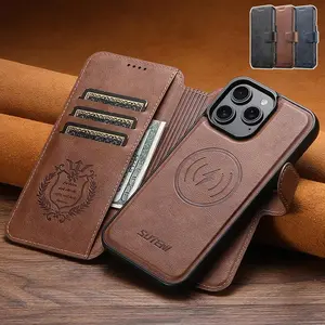 2 in 1 Flip Cowhide Pattern Cellphone Phone Case with Card Slot, Detachable Split Magnetic Wireless Charging Function Phone Case, Phone Accessories for iPhone 16 Pro Max 15 14 Plus, Cover, Protector, Casing