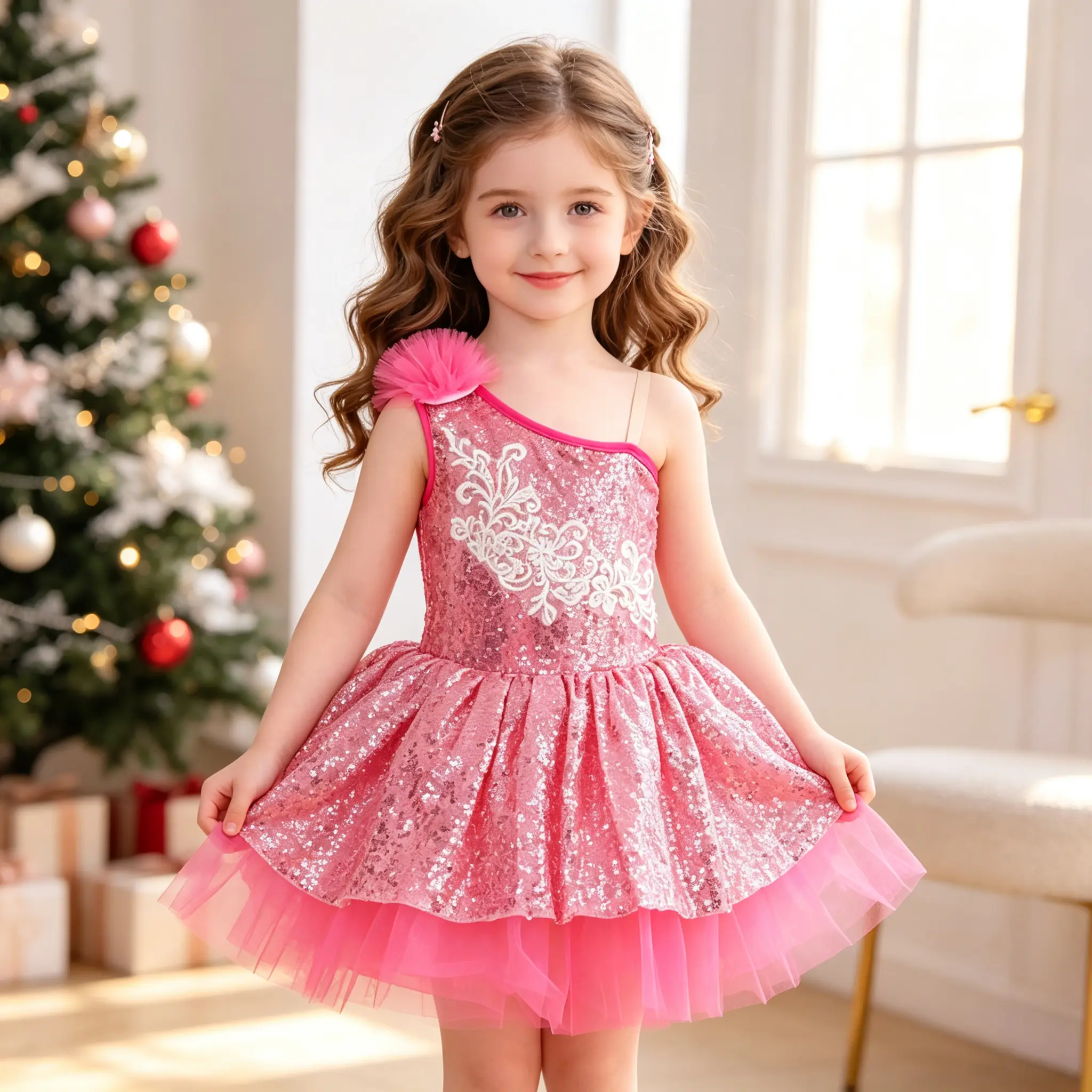 Girls' Sequin 1-Shoulder Ballet Tutu Dress, Sparkly Lace Kids' Dance Performance Costume for Stage Shows, Parties,  cute clothes for school