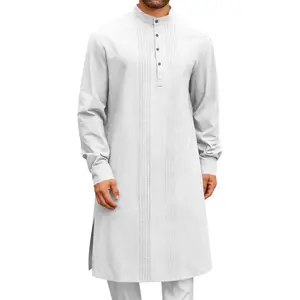 Mens Kaftan Robe Button Down Long Sleeve Cotton Linen Thobe Casual Muslim Gown Henley Shirt
