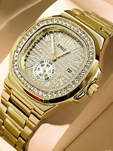 Ultra-Luxury All-Gold Full-Diamond Cushion Shaped Chronograph Watch, Featuring a Bezel and Dial Fully Set with Diamonds, a Full-Gold Cushion Outline Accenting Roman Numerals, Chronograph Subdials Adorned with Diamonds, Stainless Steel Wristwatch