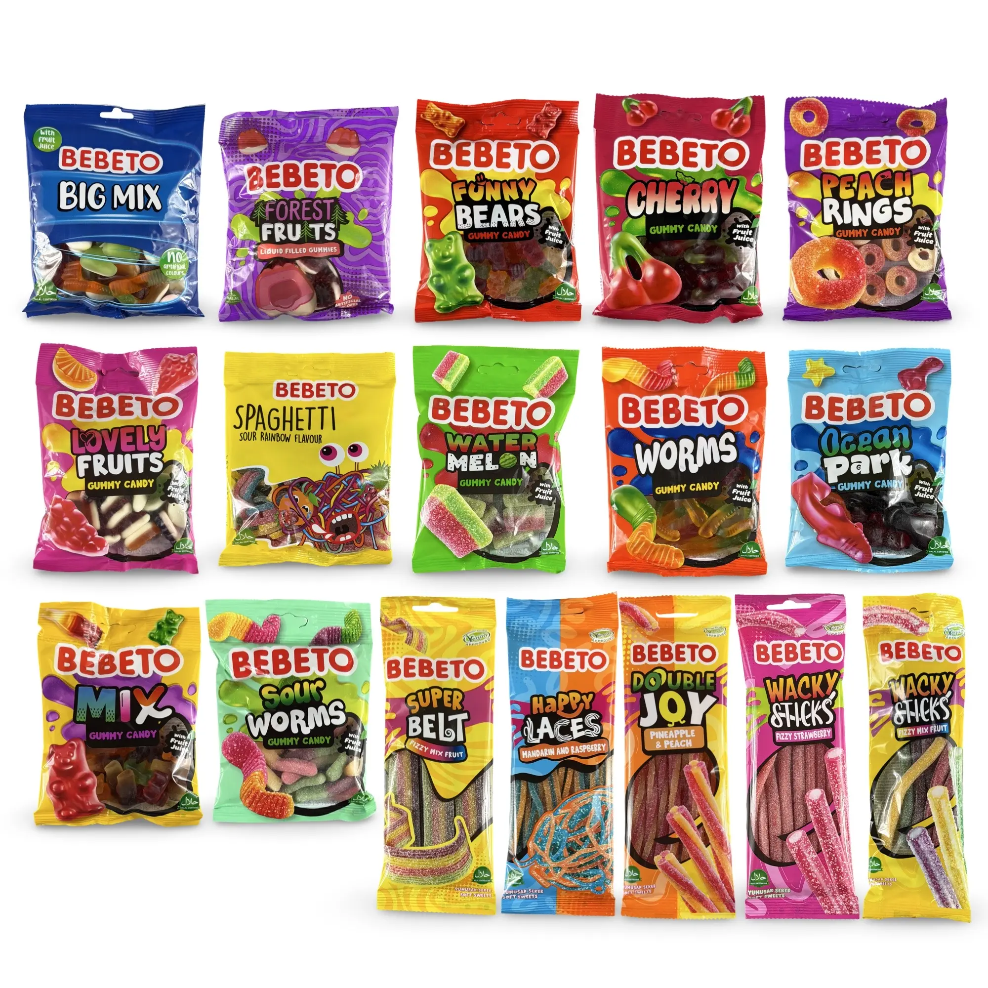 Bebeto Gummy Candy Full Case Packs (10 or 12 Bags), Halal Assorted Gummies Choose Flavor or Variety