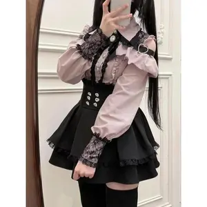 Aesthetics Vintage Bow Dress Shorts Set Women Gothic Lolita Style Long Sleeve Shirt Dress Elegant Party Dress Suits Casual Wear Womenswear(Sheets)