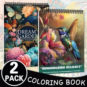 Dream Garden & Hummingbird Theme 2Pack Coloring Book Set - Colorful Relaxation & Stress Relief for Adults - Easy & Simple Designs, Exquisite Patterns, Watercolor Floral Design, Perfect for Holidays, Christmas, and Thanksgiving - High-Quality Spiral Bound